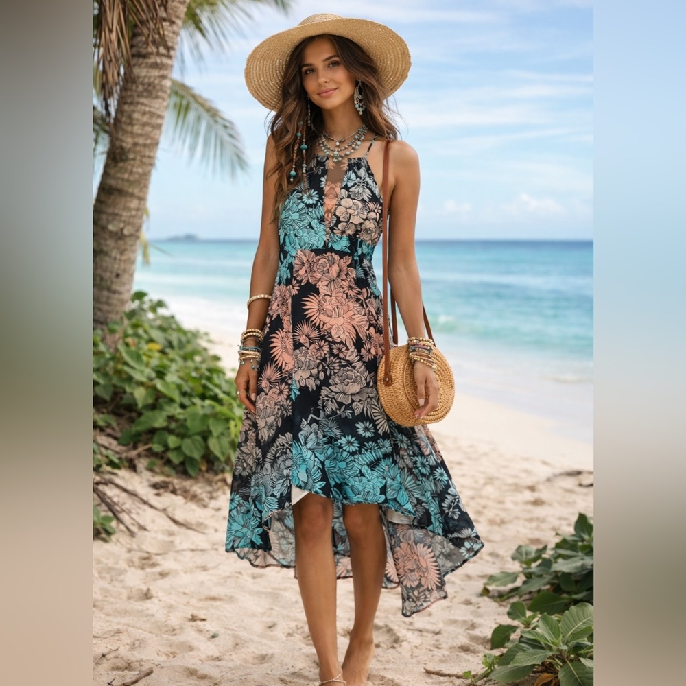 Gypsy05 Silk Floral Boho Asymmetrical Dress XS Vacation Resort